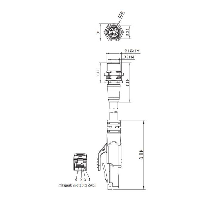 M12 panel flange female/RJ45 male、Double ended pre cast PVC shield non flexible cable、EtherCat network cable、Green sheath、0C3061-XXX