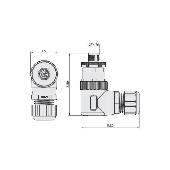 M12  5Pin、L-coded、公头90°、螺钉连接、64L023