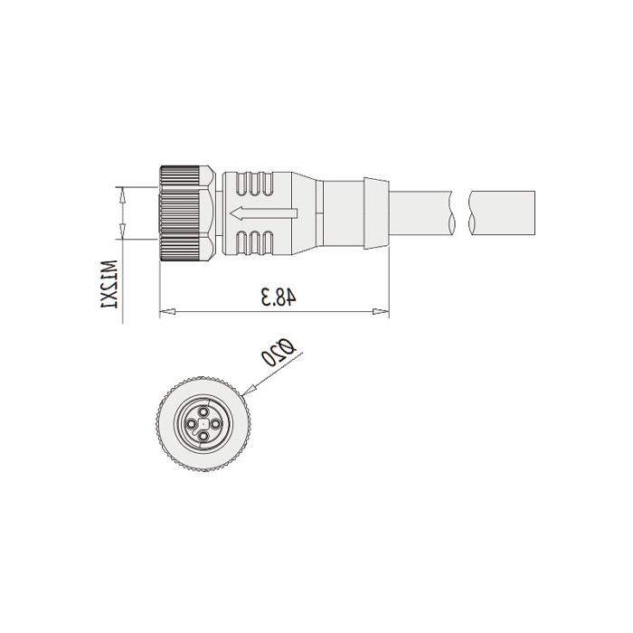 M12 4Pin T-coded、母头直型、单端预铸PVC非柔性电缆、黄色护套、64TP03-XXX