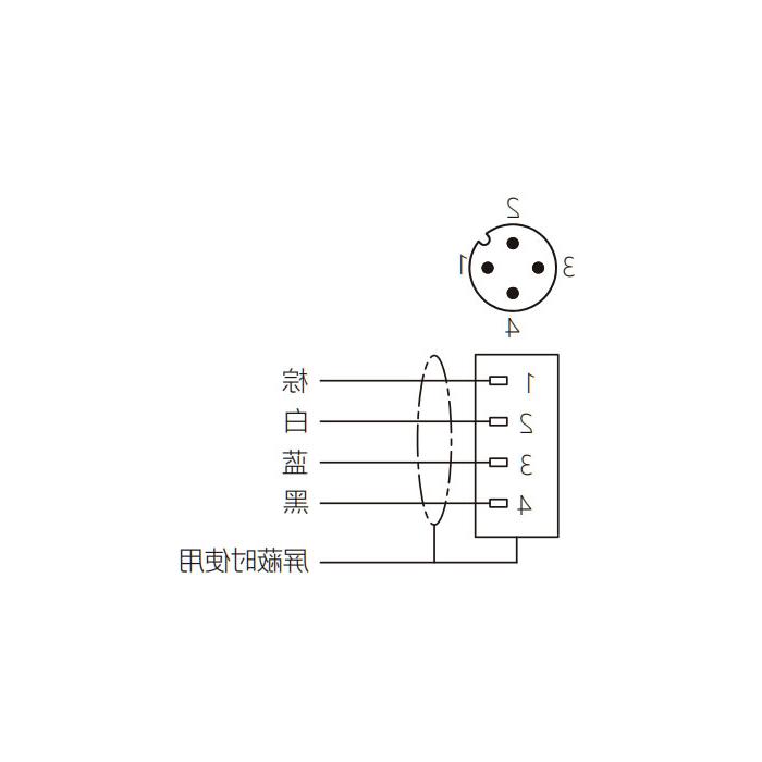 M12 4Pin、公头90°、单端预铸PUR柔性电缆、带屏蔽、黑色护套、64S525-XXX